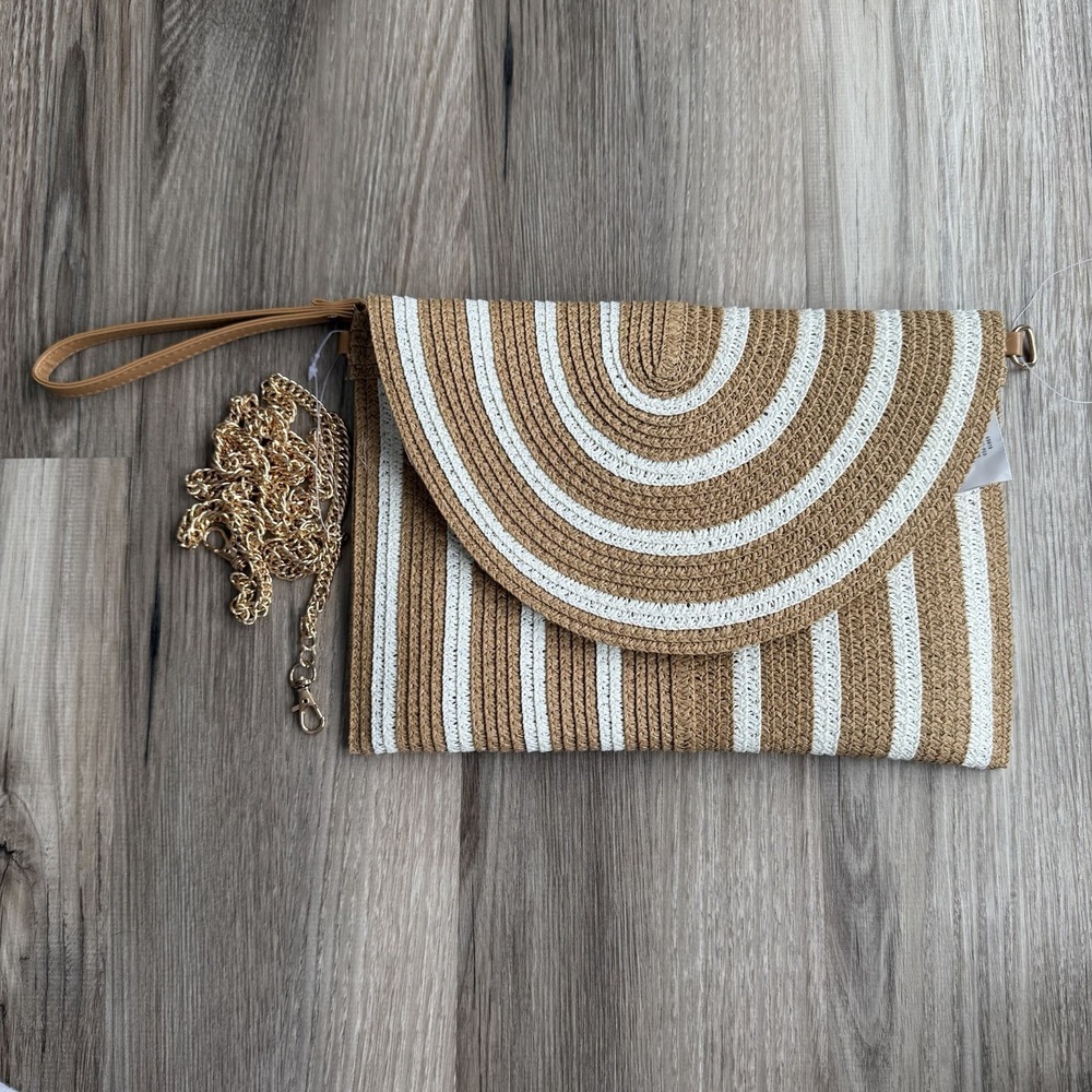 Woven Straw Clutch with White Stripes - Neutral Summer Bag
